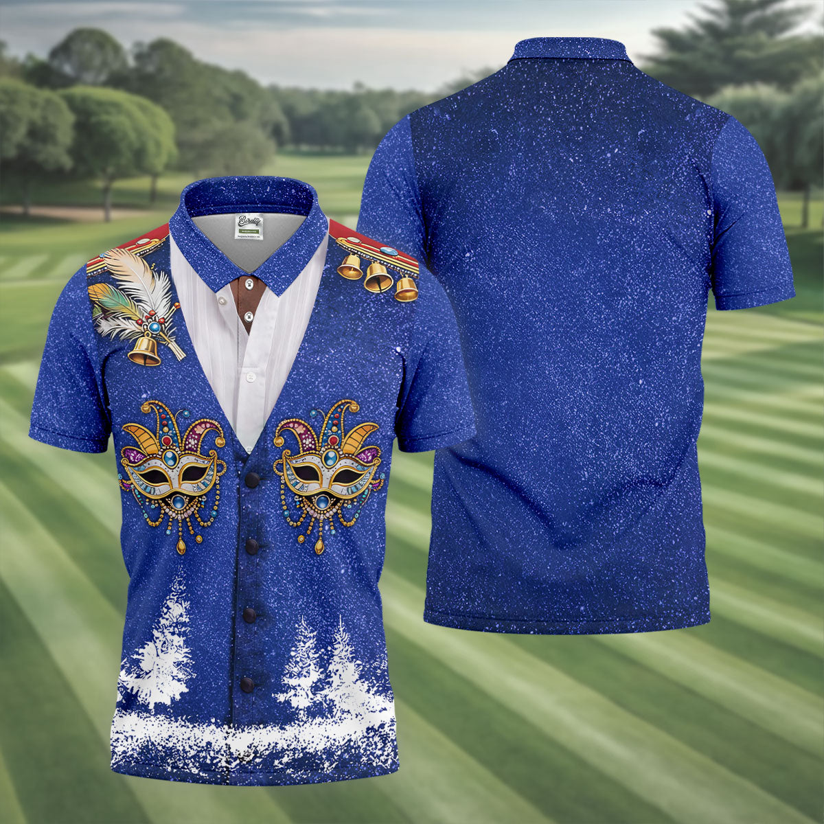Masquerade Mask Feather Mardi Gras Glitter Print Blue Golf Shirt, Polo Shirts For Men, Golf Shirts For Men