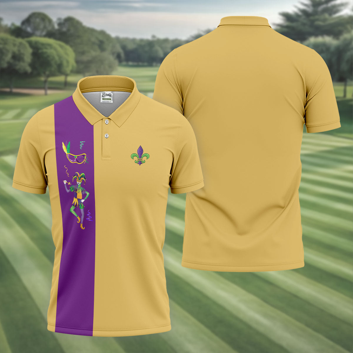 Mardi Gras Festival Jester Figure Fleur De Lis Symbol Yellow Golf Shirt, Polo ShirtFor Men, Golf Shirts For Men