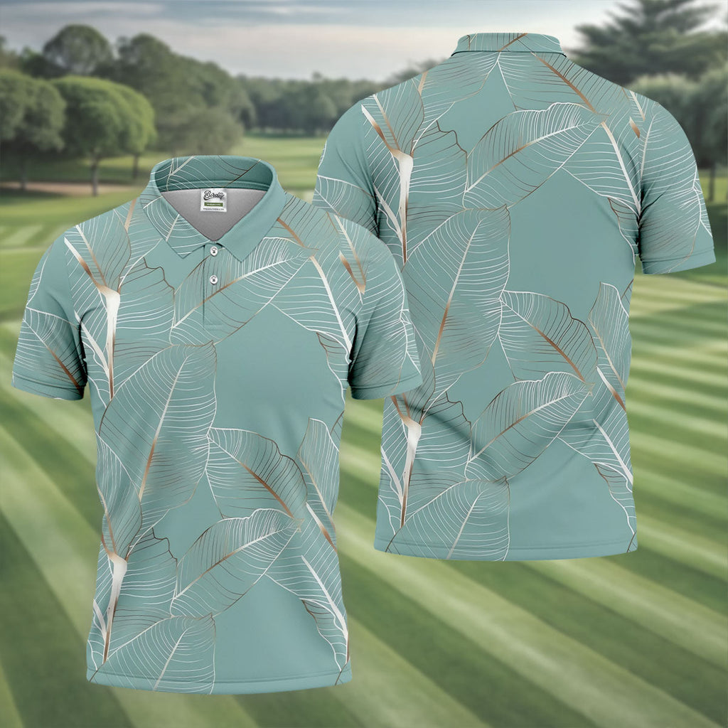 Tropical Leaves Blue Grey Golf Shirt, Summer Hawaiian Golf Shirt, Golf Shirts For Men