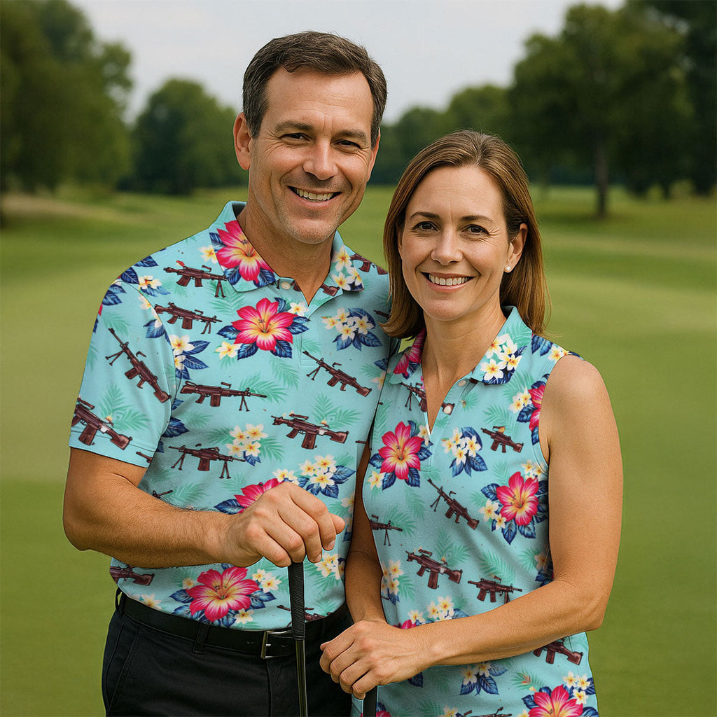 Floral Pattern Army Theme Hawaiian Golf Shirt, Men's Golf Polo Shirts, Golf Shirts For Men