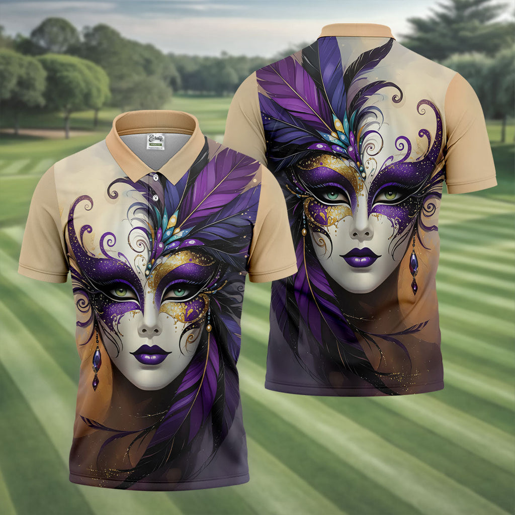 Feather Mask Mardi Gras Golf Shirt, Purple And Beige Golf Shirts For Men, Polo Shirts For Men
