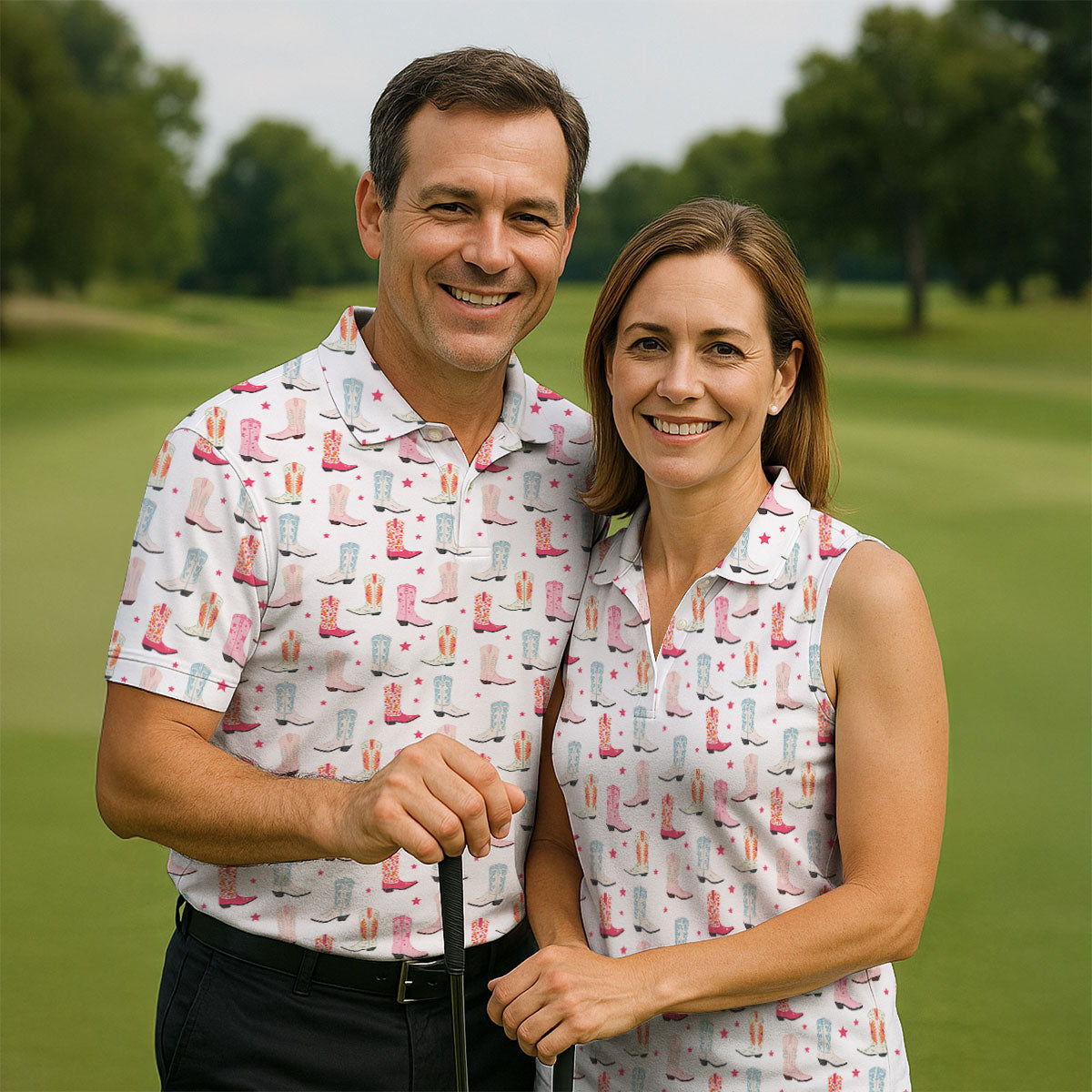 Western Boot Pattern Pastel Shades Retro Golf Shirt, Polo Shirts For Men, Golf Shirts For Men
