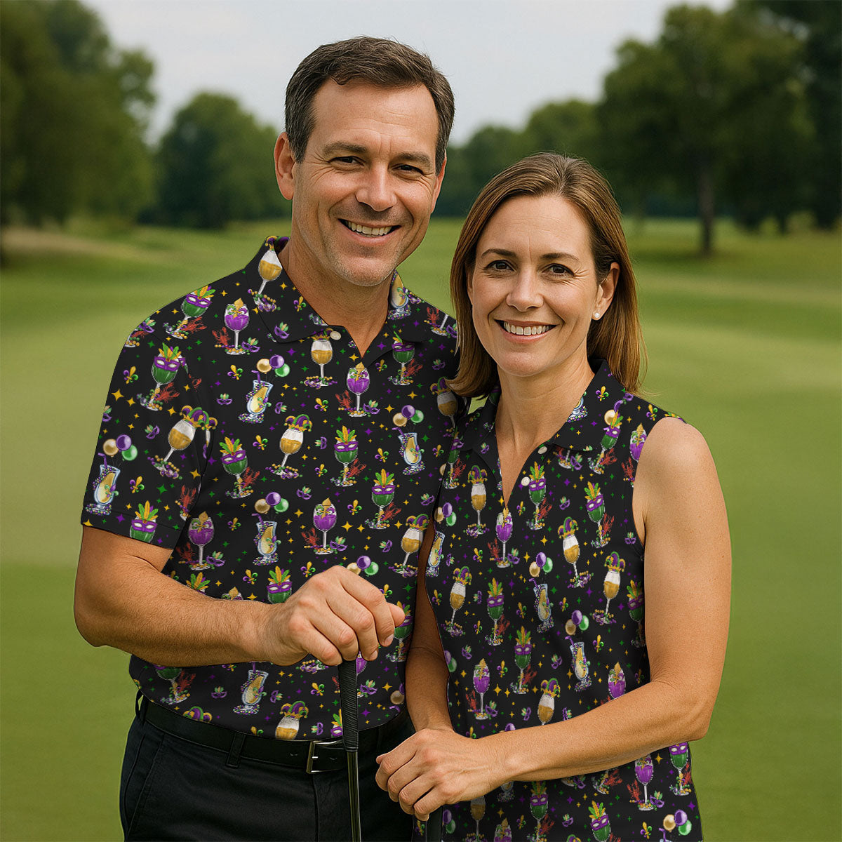 Mardi Gras Wine Glass Beaded Garland Fleur De Lis Black Golf Shirt, Polo Shirts For Men, Golf Shirts For Men