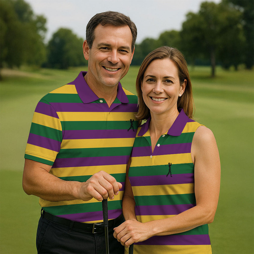 Gold Purple Green Mardi Gras Stripe Pattern Men's Golf Polo Shirts, Golf Gift For Men, Golf Shirts For Men