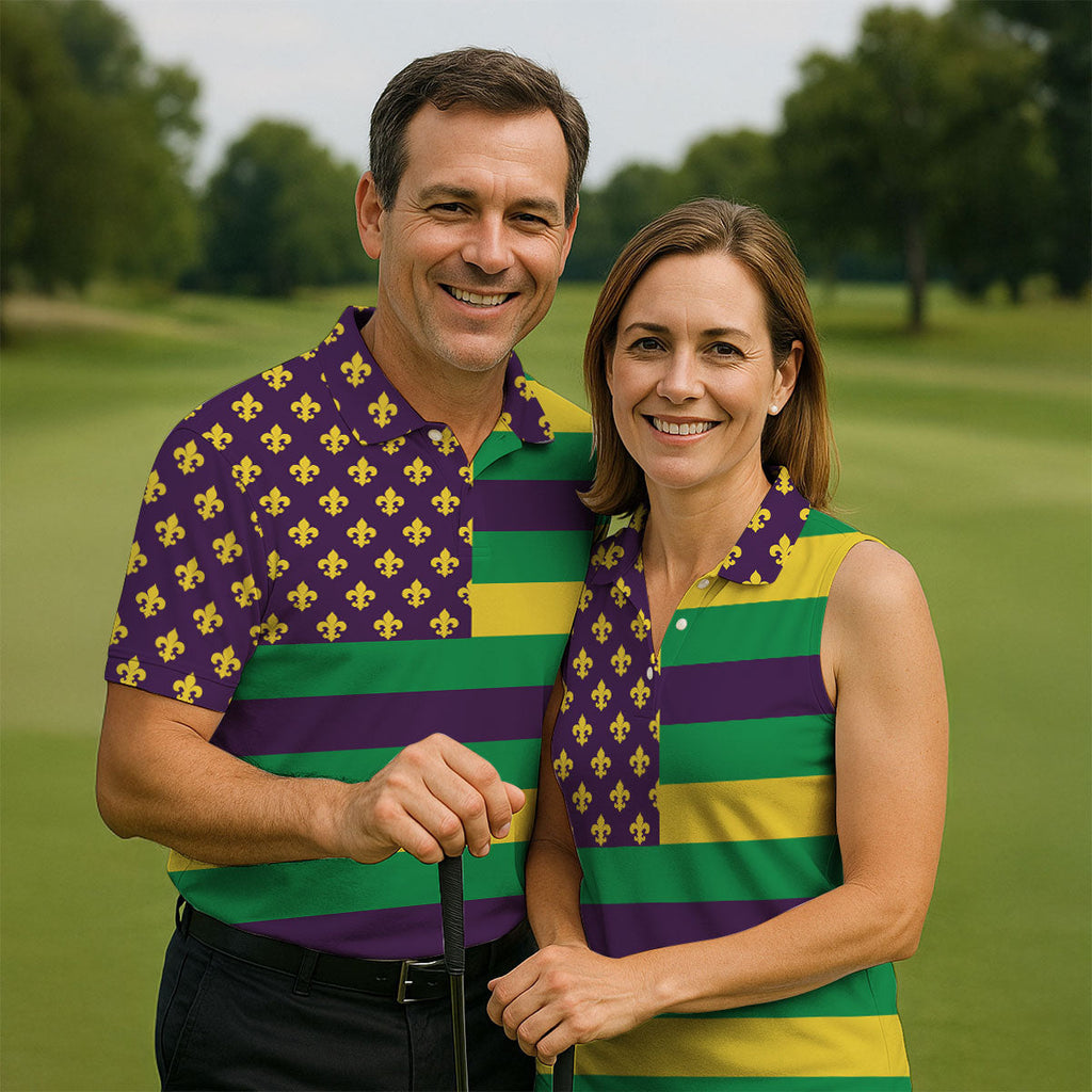 Mardi Gras Flags Fleur De Lis Purple Green Gold Golf Tops For Men, Polo Shirts For Men, Golf Shirts For Men