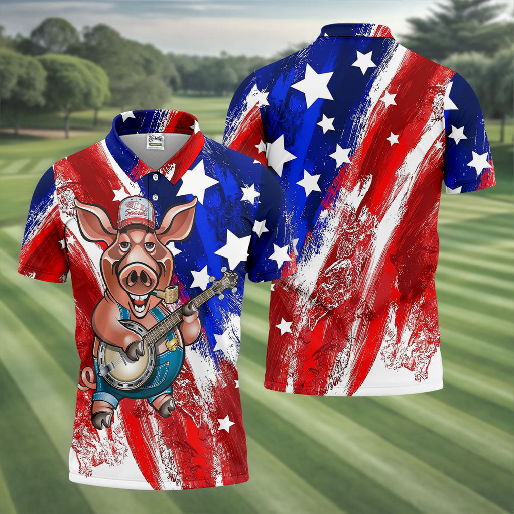 Patriotic American Flag Brush Strokes Funny BBQ 250th Anniversary Polo Shirts For Men, Golf Shirts For Men