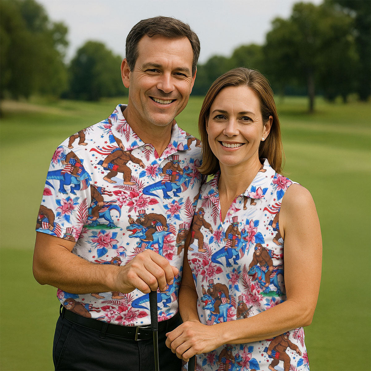 American Flag Patriotic Pride Funny Bigfoot Hawaiian Golf Shirt, 250th Anniversary Golf Shirts For Men