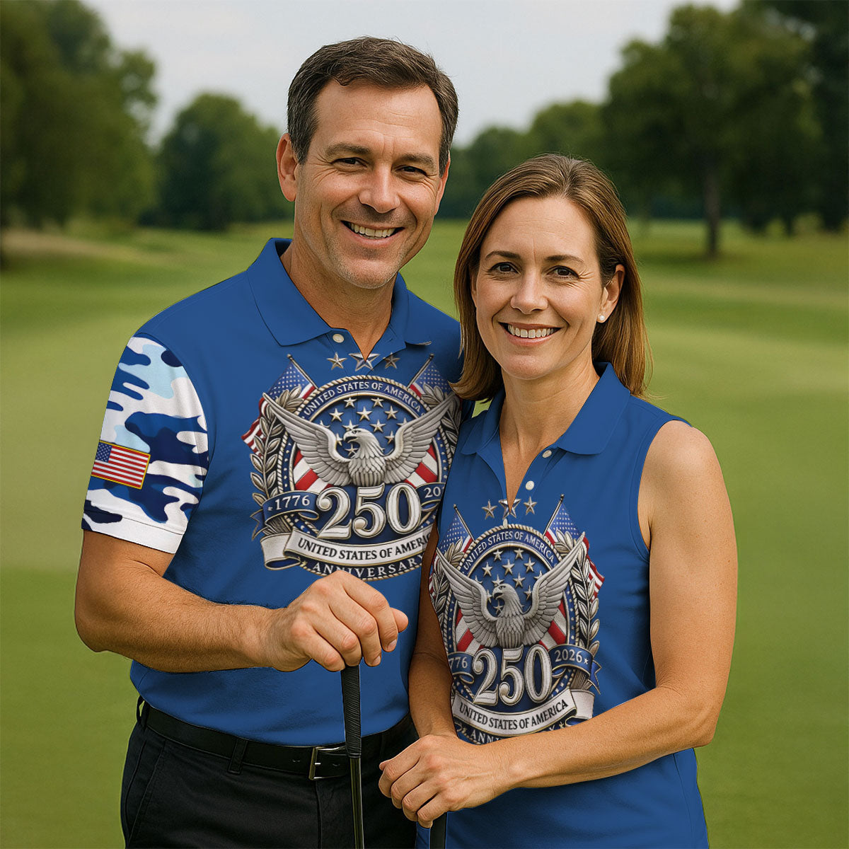 Patriotic Bald Eagle Blue And White Camo Blue Golf Shirt, 250th Anniversary Golf Shirts For Men