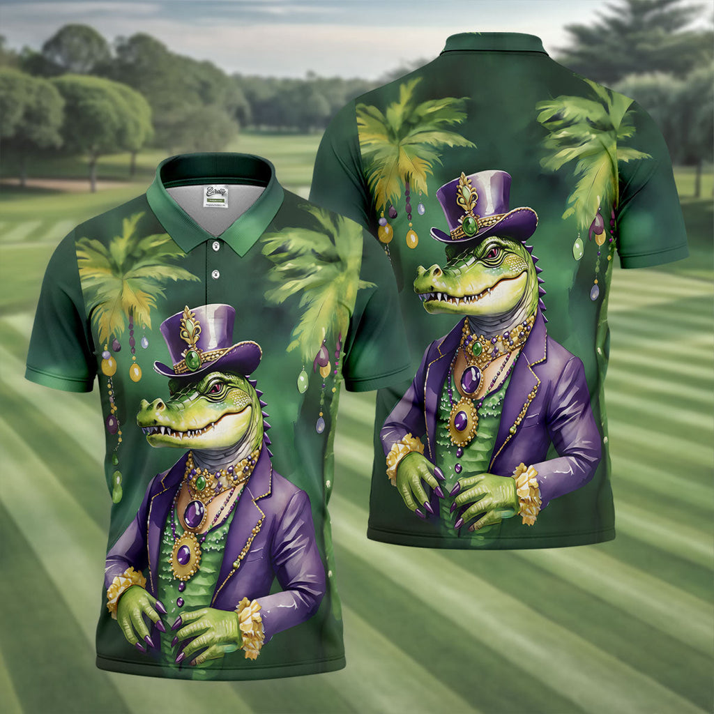 Mardi Gras Alligator Decorated Palm Tree Print Golf Shirt, Polo Shirts For Men, Golf Shirts For Men