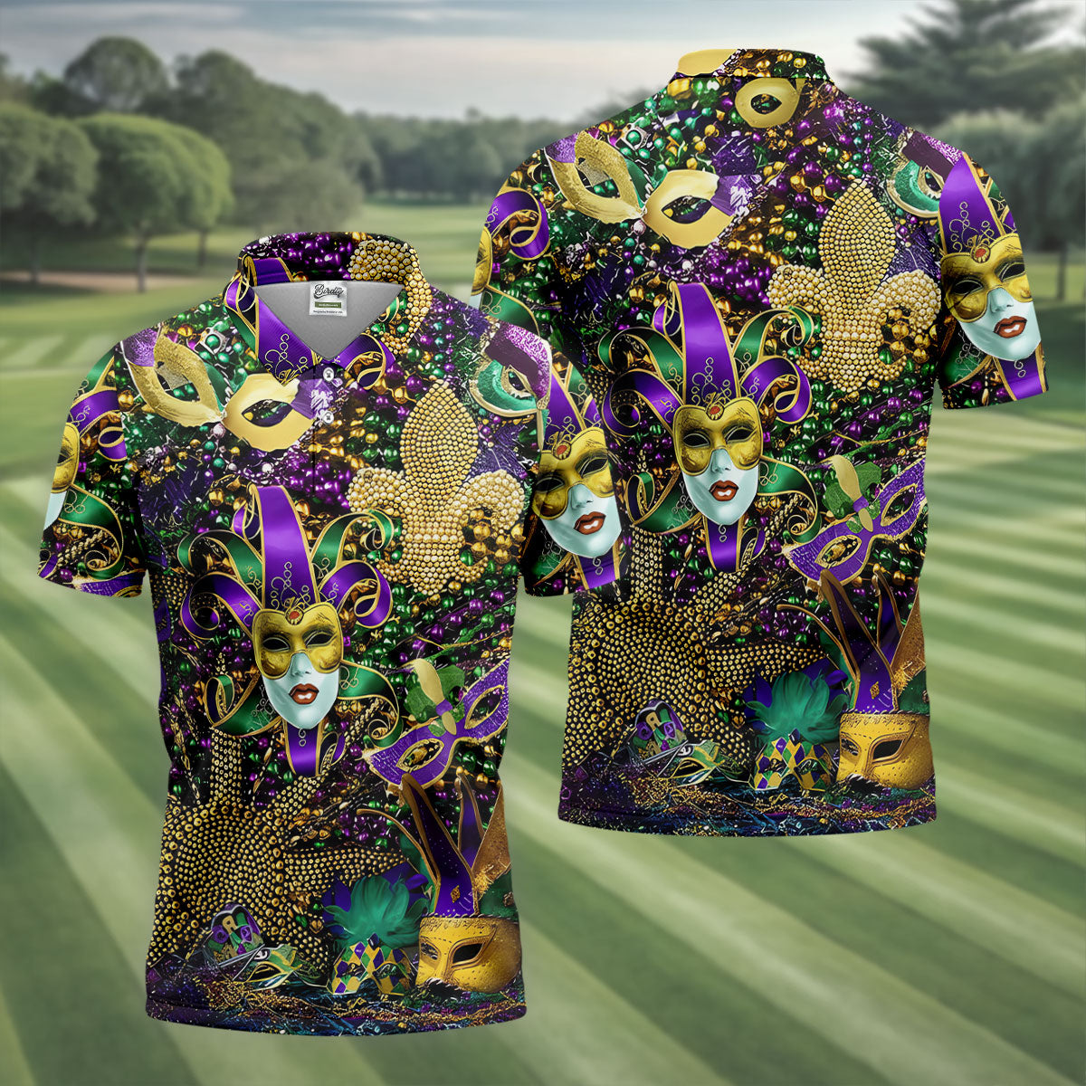 Jester Mask Purple Green Gold Fleur De Lis Beads Mardi Gras Golf Shirt, Golf Shirts For Men, Polo Shirts For Men