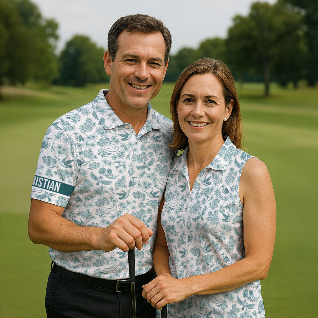 Custom Name Toile de Jouy Birds And Flowers Teal And White Polo Shirts For Men, Golf Gift For Men