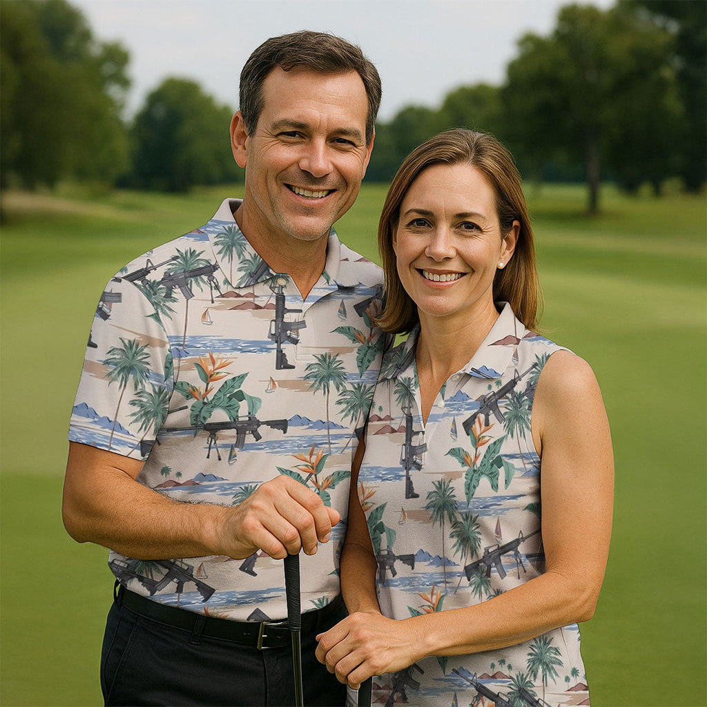Hawaiian Palm Tree With Army Theme Golf Shirts For Men, Polo Shirts For Men, Golfing Apparel