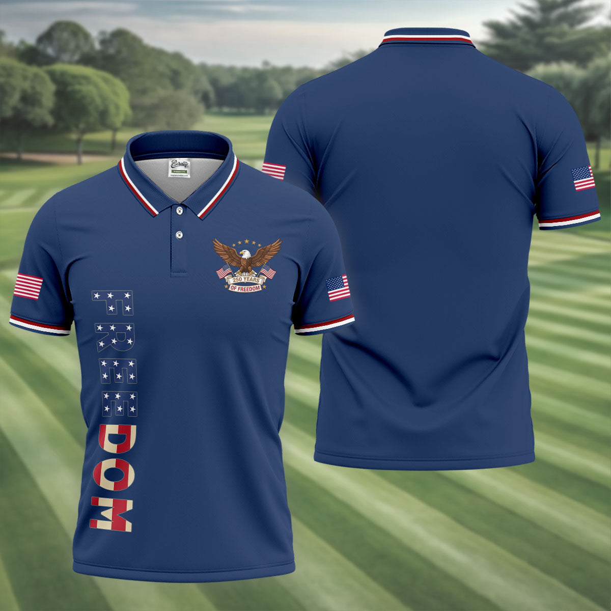 250 Years Of Freedom US Flag Logo Navy Golf Shirt, Patriotic 4th Of July Golf Shirts For Men