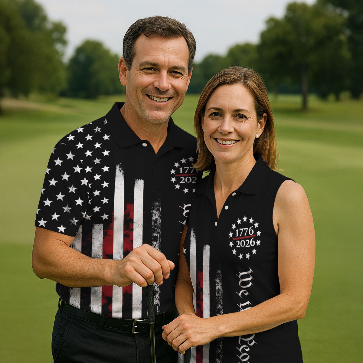 We The People Distressed Flag Patriotic Black Golf Shirt, 250 Years 4th Of July Golf Shirts For Men