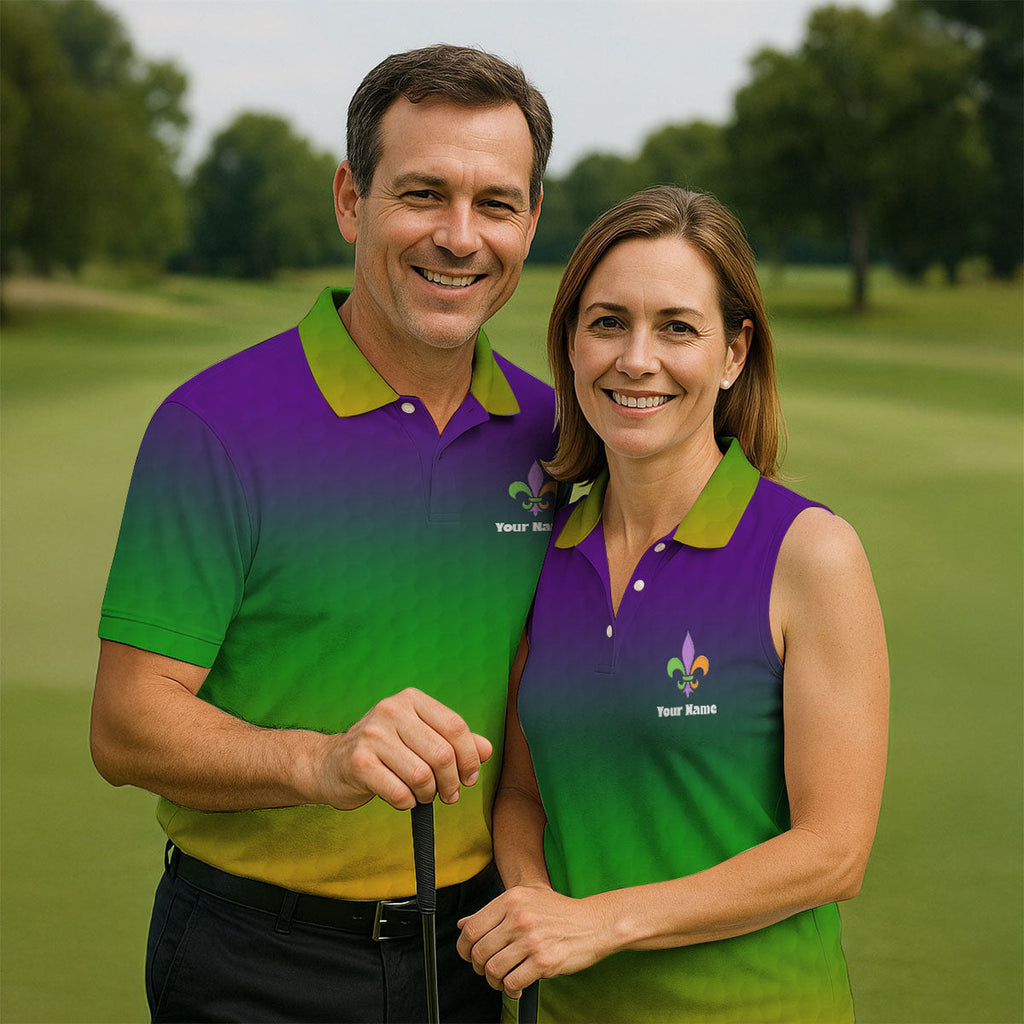Mardi Gras Purple Gold Green Blended Color Golf Ball Pattern Golf Tops For Men, Polo Shirts For Men