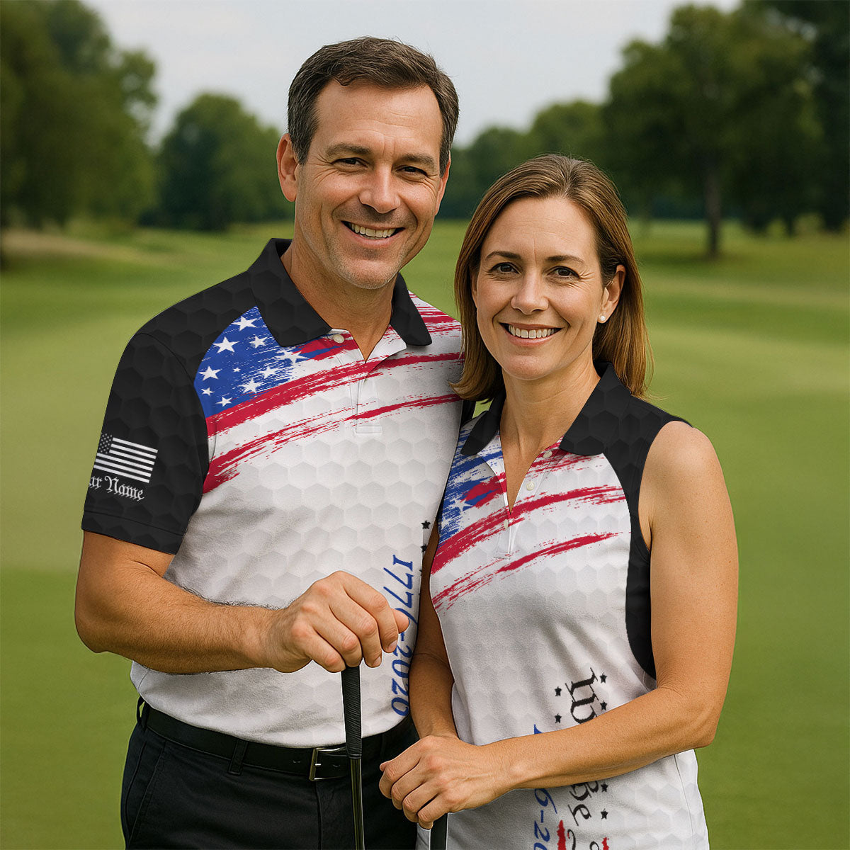 We The People 1776-2926 American Flag Brush Black Golf Shirt, 250 Years Patriotic 4th Of July Golf Shirts For Men