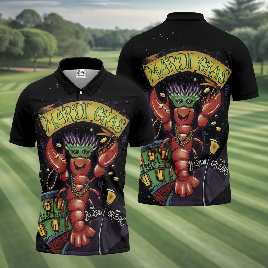 Mardi Gras Crawfish Rue Bourbon Black Golf Shirt, Polo Shirts For Men, Golf Shirts For Men