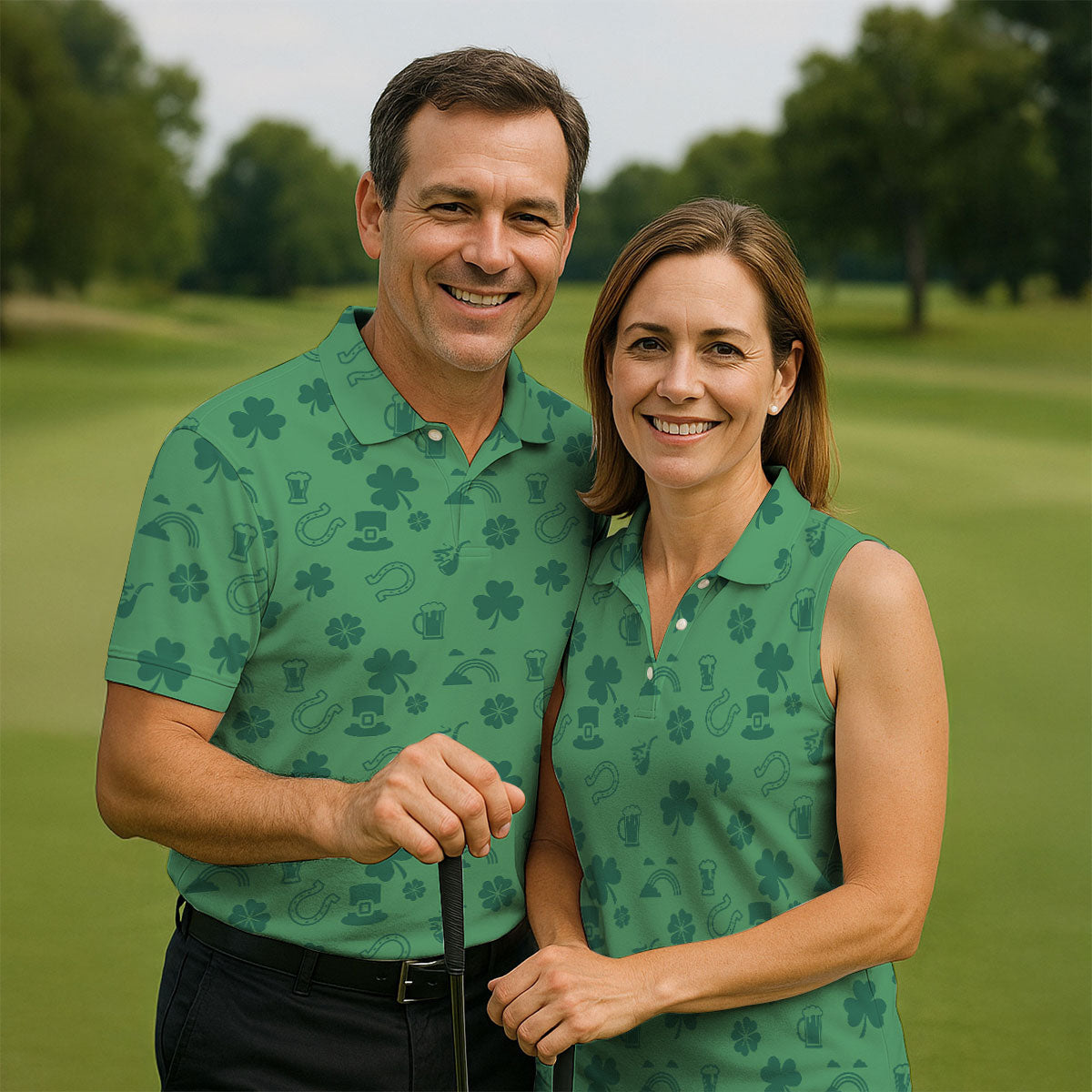 Leprechaun Hat Shamrock Beer Dark Green Seamless Pattern St. Patrick’s Day Golf Shirt, Women's Golf Tops