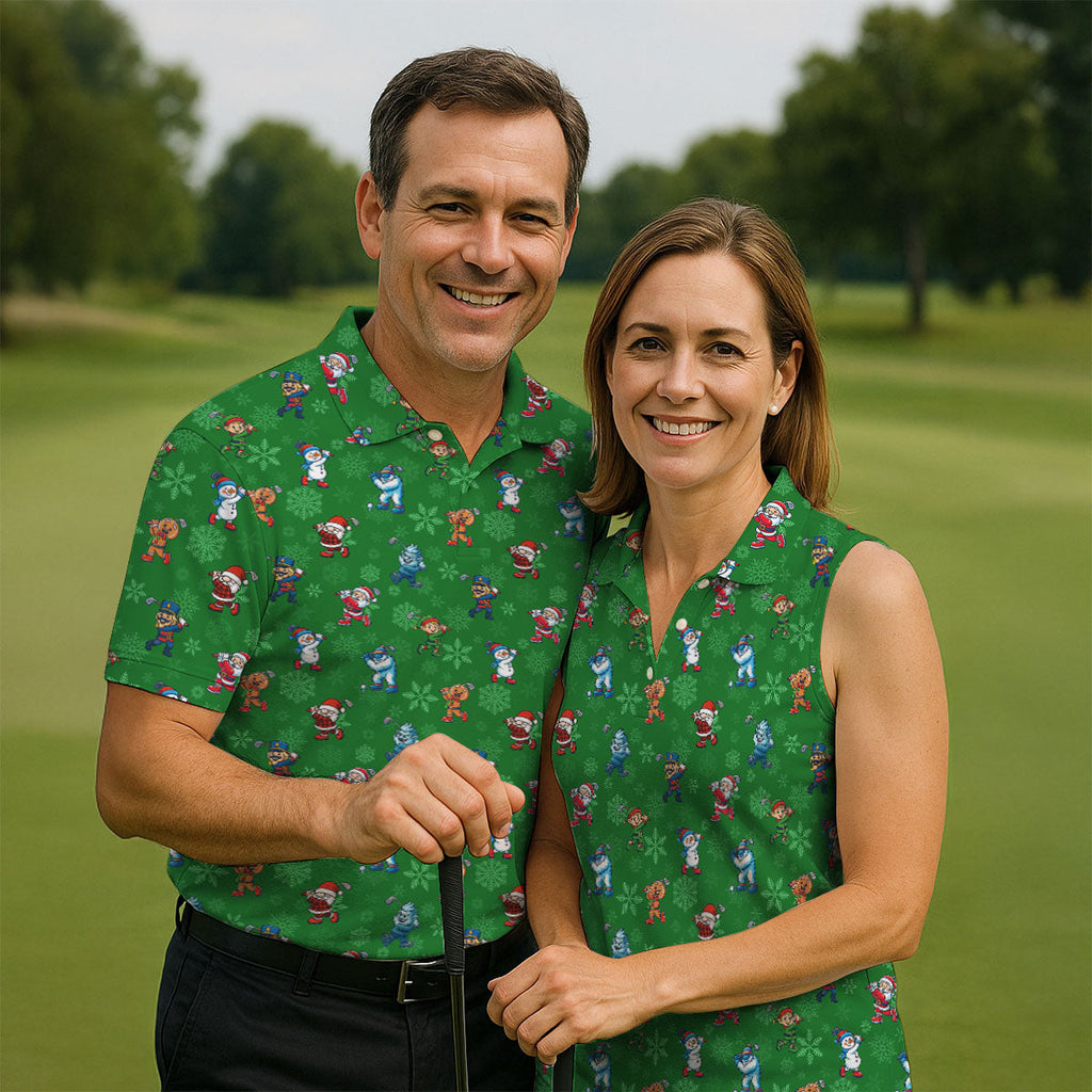 Funny Christmas Characters Golf Pose Green Golf Shirt, Christmas Golf Shirt, Polo ShirtFor Men