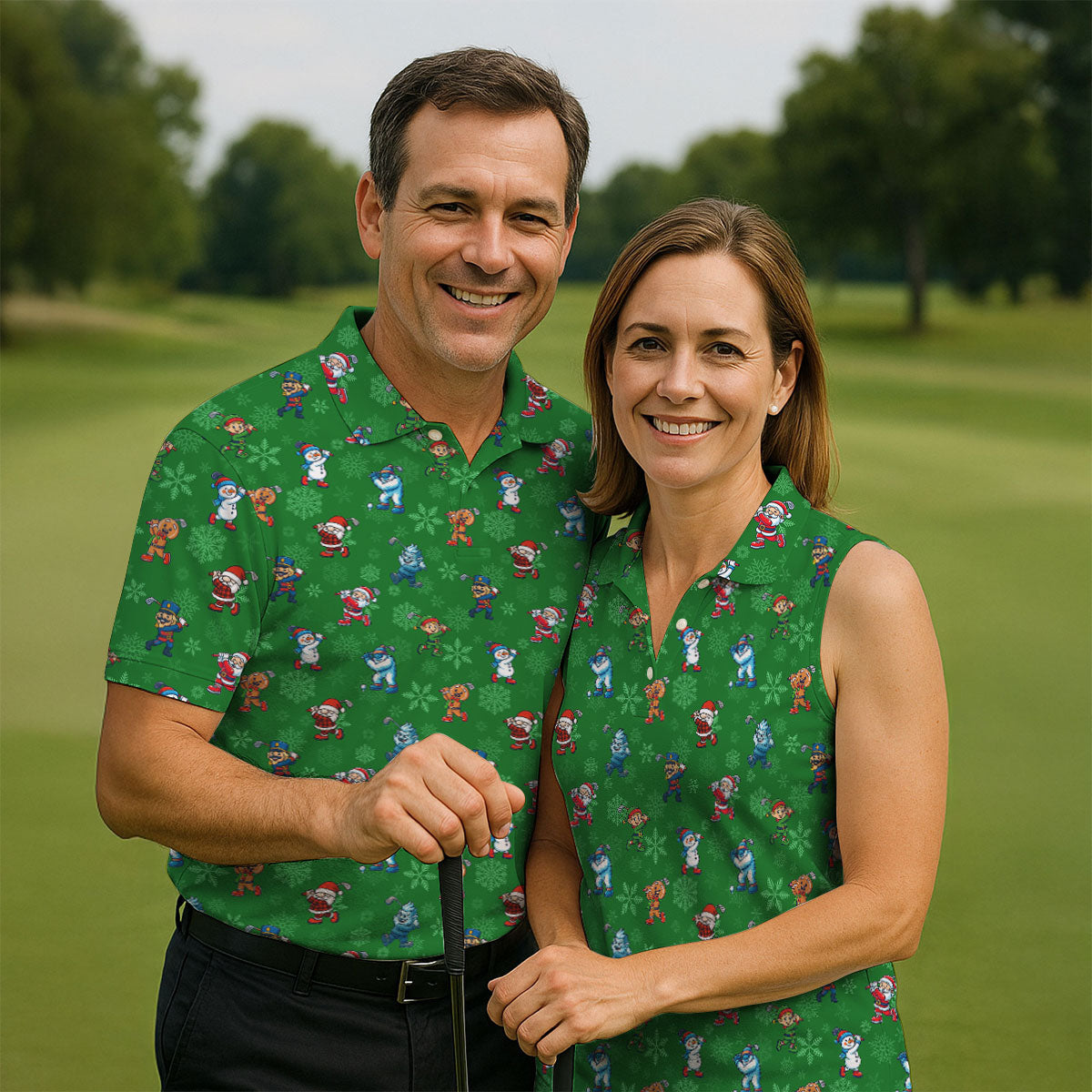 Funny Christmas Characters Golf Pose Green Golf Shirt, Christmas Golf Shirt, Polo ShirtFor Men