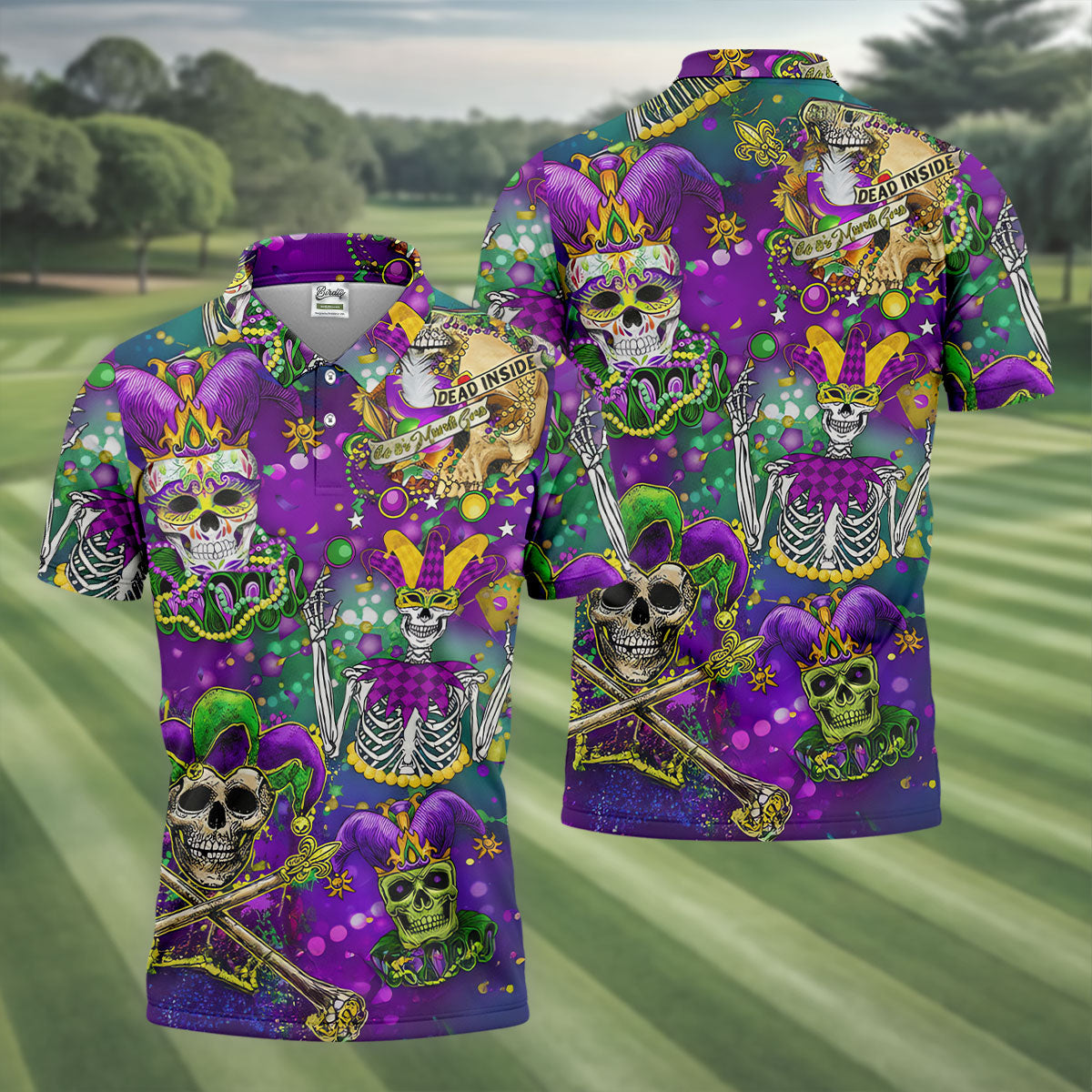 Dead Inside Mardi Gras Festival Skull Purple Green Gold Polo ShirtFor Men, Golf Shirts For Men