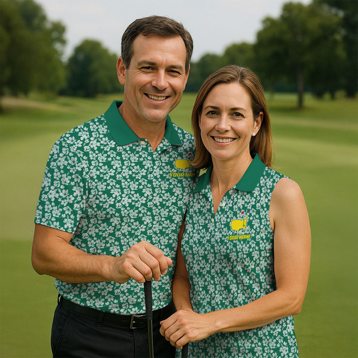 Floral Silhouette Green And White Golf Tops For Men, Golf Shirts For Men, Polo Shirts For Men