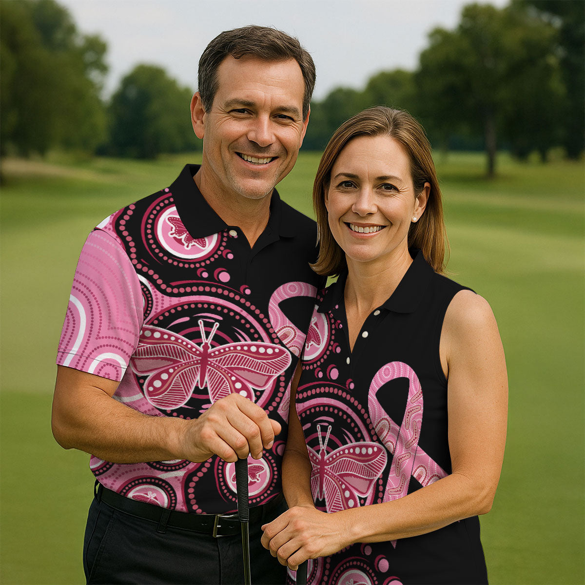 Breast Cancer Pink Butterfly Golf Tops For Men, Cancer Awareness Shirt, Polo Shirts For Men