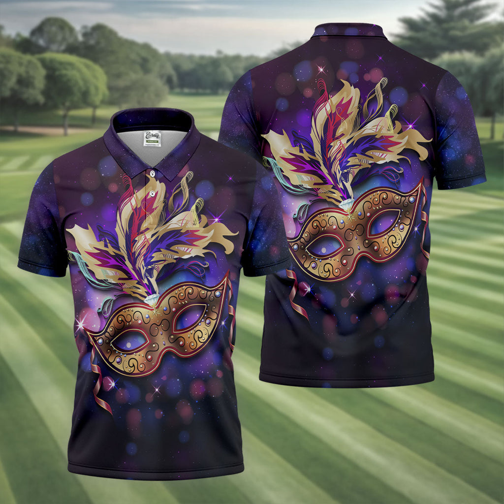 Mardi Gras Mask Feather Ribbon Purple Golf Shirt, Polo Shirts For Men, Golf Shirts For Men