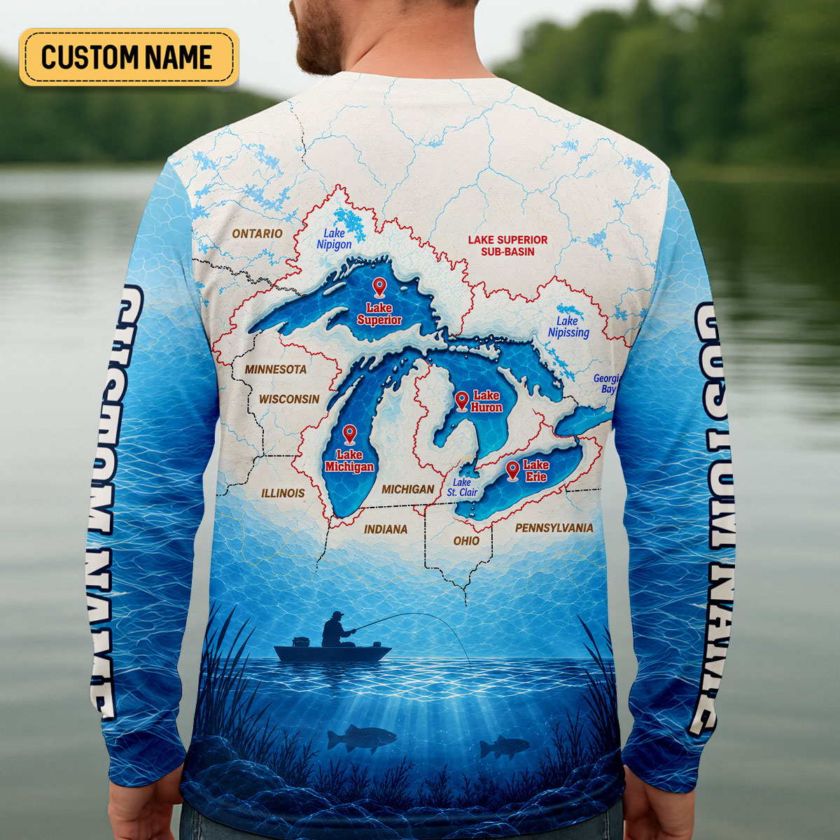 Personalized Great Lakes Fishing Map UPF Shirt, Mens Fishing Shirt, Fishing Apparel Shirt