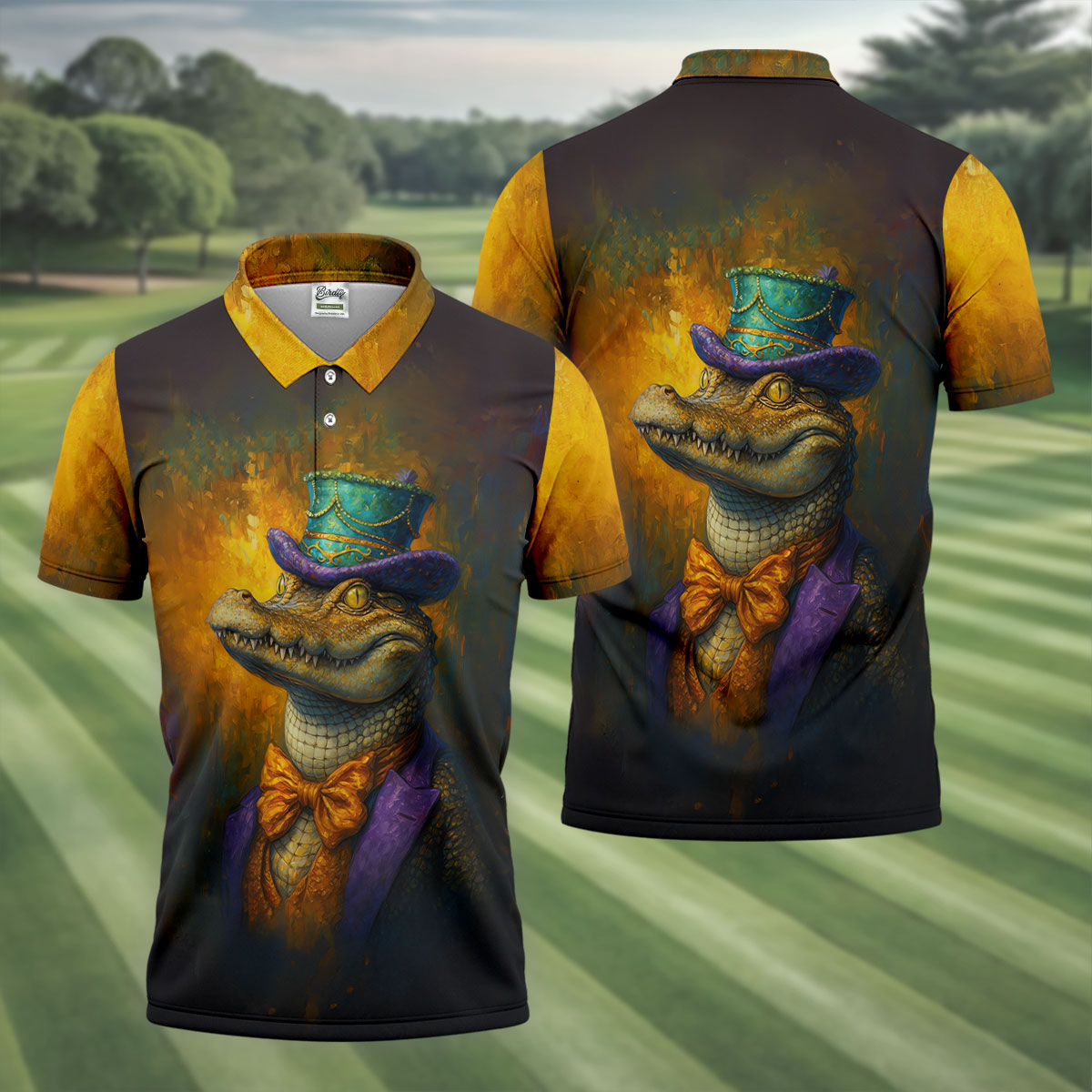 Mardi Gras Aligator Retro Golf Shirt, Golf Tops For Men, Polo Shirts For Men, Golf Shirts For Men
