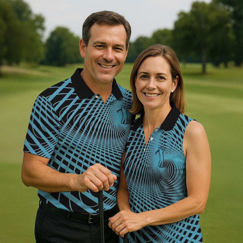 Swirling Vortex Black And Light Blue Golf Shirts For Men, Polo Shirts For Men, Golfing Apparel