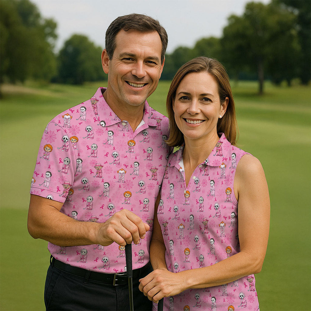 Pink Halloween Horror Breast Cancer Polo Shirt, Golf Shirts For Men, Mens Golf Shirts