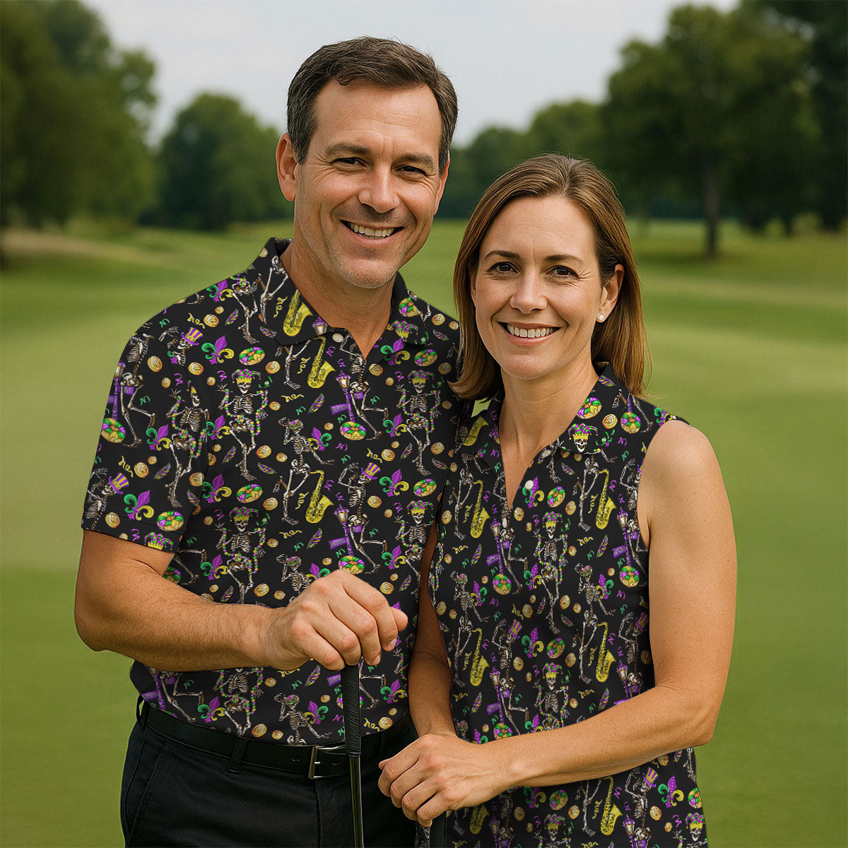 Dancing Skeleton Mardi Gras Fleur De Lis Black Golf Shirt, Polo Shirts For Men, Golf Shirts For Men