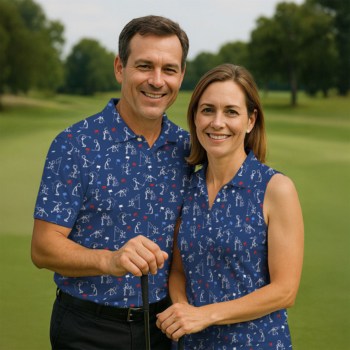 Funny Stick Figure Golf Pose Red White Blue Patriotic Golf Shirt, 250th Anniversary Golf Shirts For Men