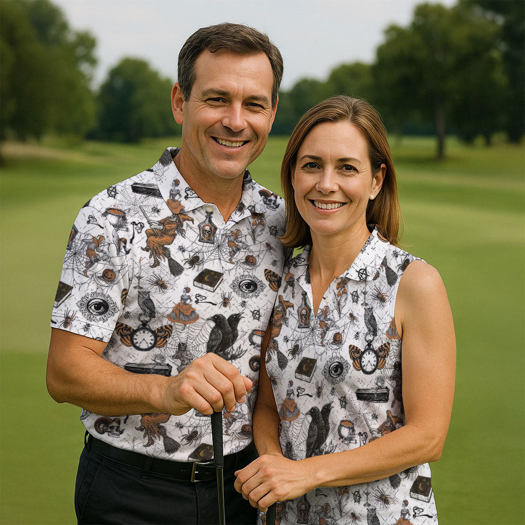 Spider Witch Skull Black Crow Men's Golf Shirt, Halloween Golf Shirt, Halloween Shirt For Men