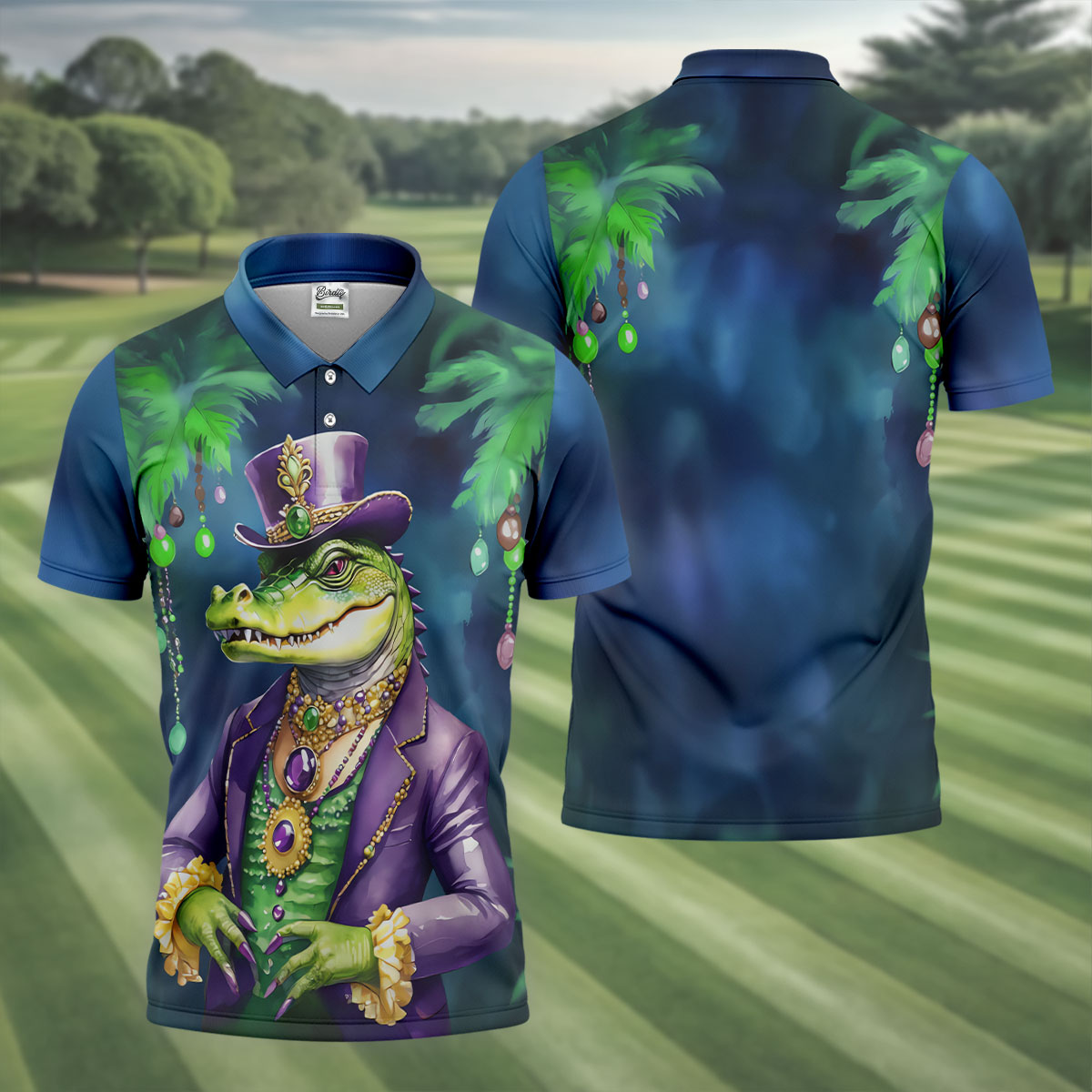 Mardi Gras Alligator Navy Golf Shirt, Men's Funny Golf Shirts, Polo Shirts For Men, Golf Shirts For Men