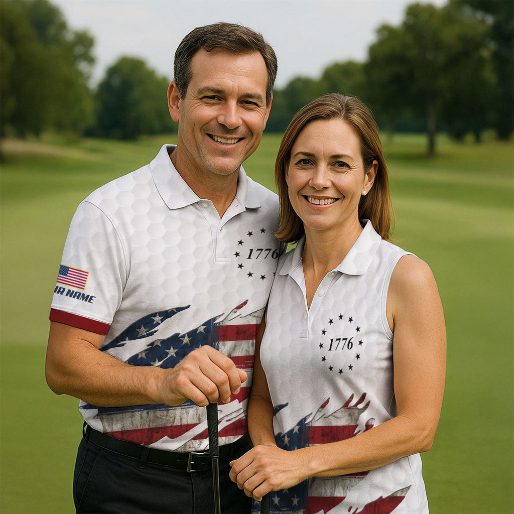 American Flag 1776 Golf Ball Pattern Golf Shirts For Men, 250th Anniversary Polo Shirts For Men