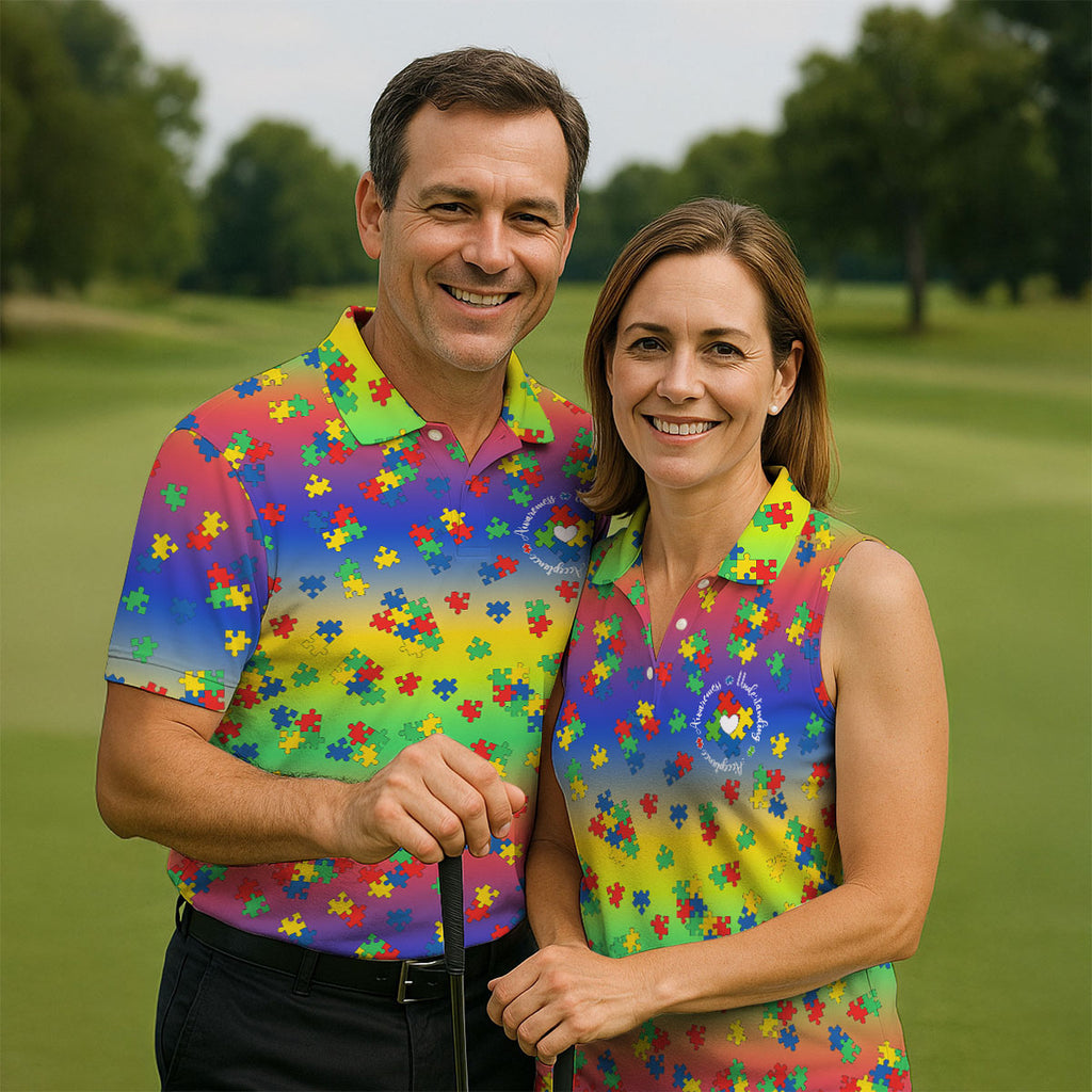 Acceptance Awareness Understanding Autism Puzzle Rainbow Gradient Golf Tops For Men, Golf Shirts For Men