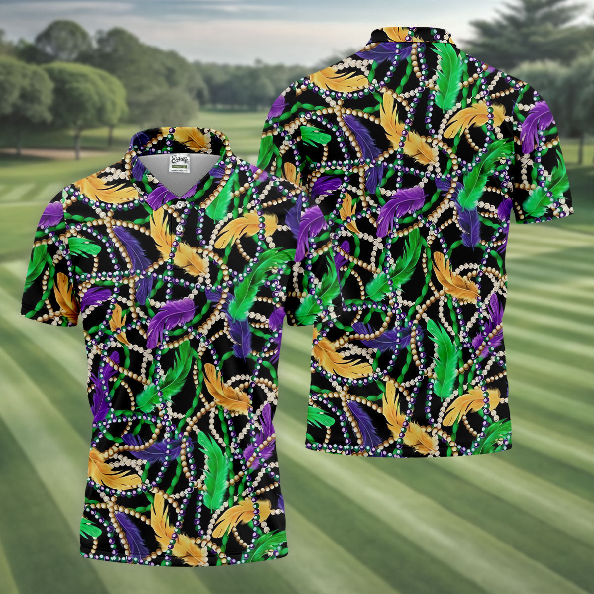 Purple Green Gold Feather Beads Mardi Gras Golf Shirt, Polo Shirts For Men, Golf Shirts For Men