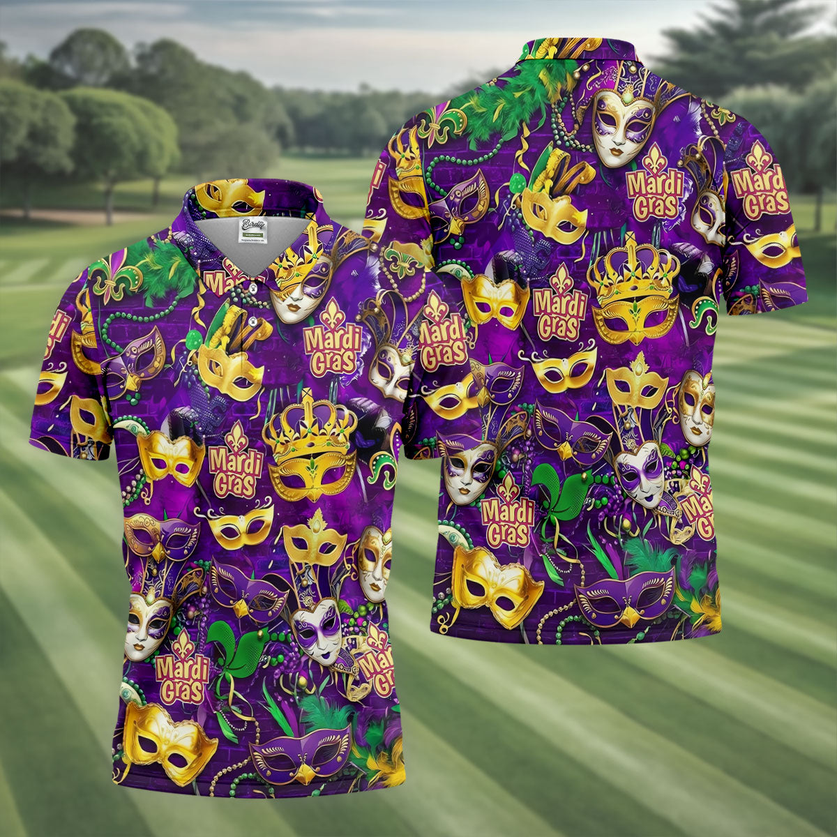 Purple Green Gold Festival Mask Mardi Gras Golf Shirt, Golf Tops For Men, Golf Shirts For Men
