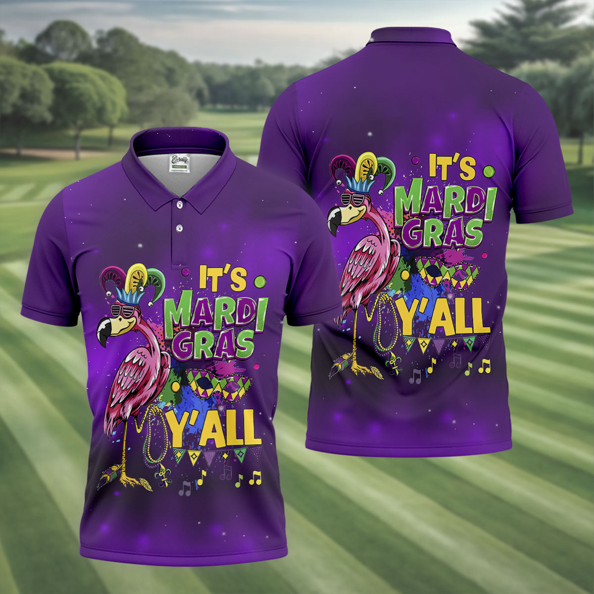 It's Mardi Gras Y'All Funny Flamingo Purple Golf Shirt, Polo Shirts For Men, Golf Shirts For Men