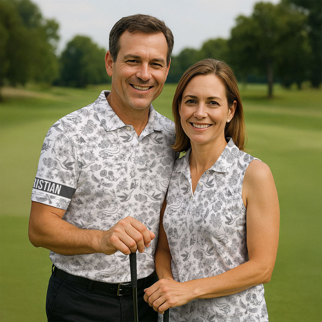 Custom Name Toile de Jouy Birds And Flowers Grey And White Polo Shirts For Men, Golf Gift For Men