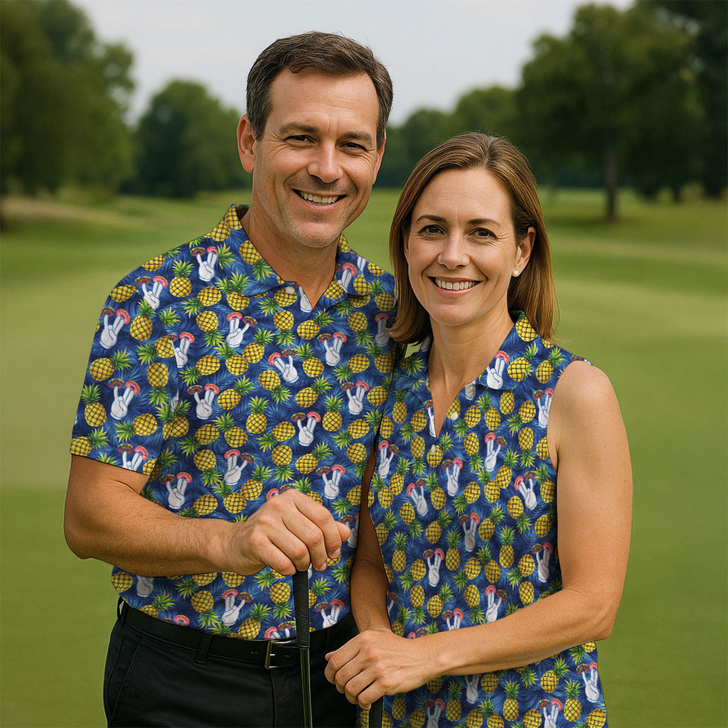Hawaiian Pineapples Donut Finger Blue Green Yellow Fun Golf Shirts For Men, Polo Shirts For Men