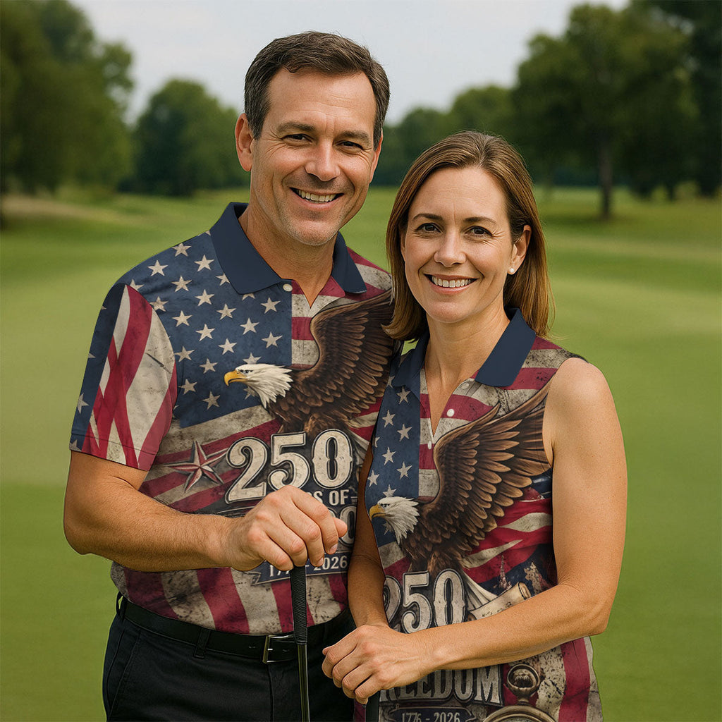 250 Years Of Freedom US Bald Eagle Retro US Flag Golf Tops For Men, Patriotic 4th Of July Golf Shirts For Men