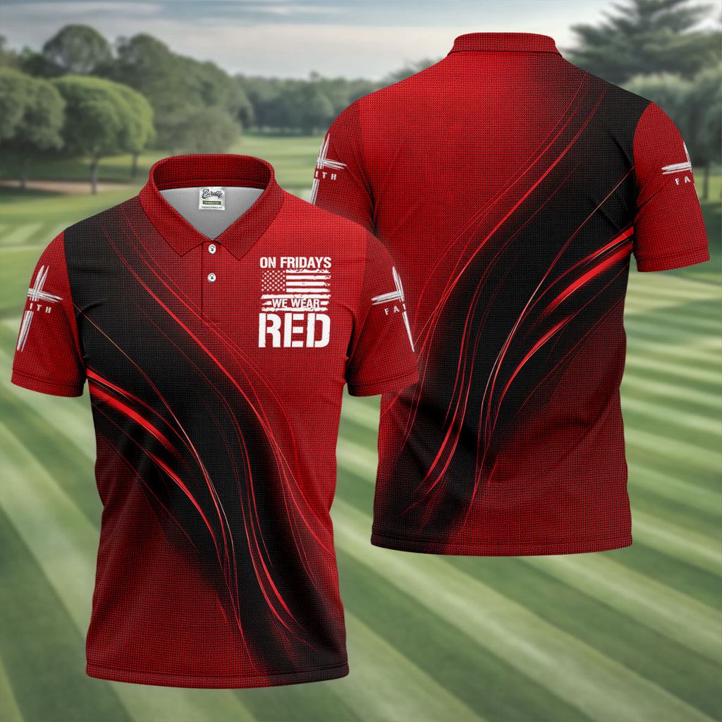On Friday We Wear Red Faith Cross Red Black Gradient Patriotic Golf Shirt, 250 Years Polo Shirts For Men