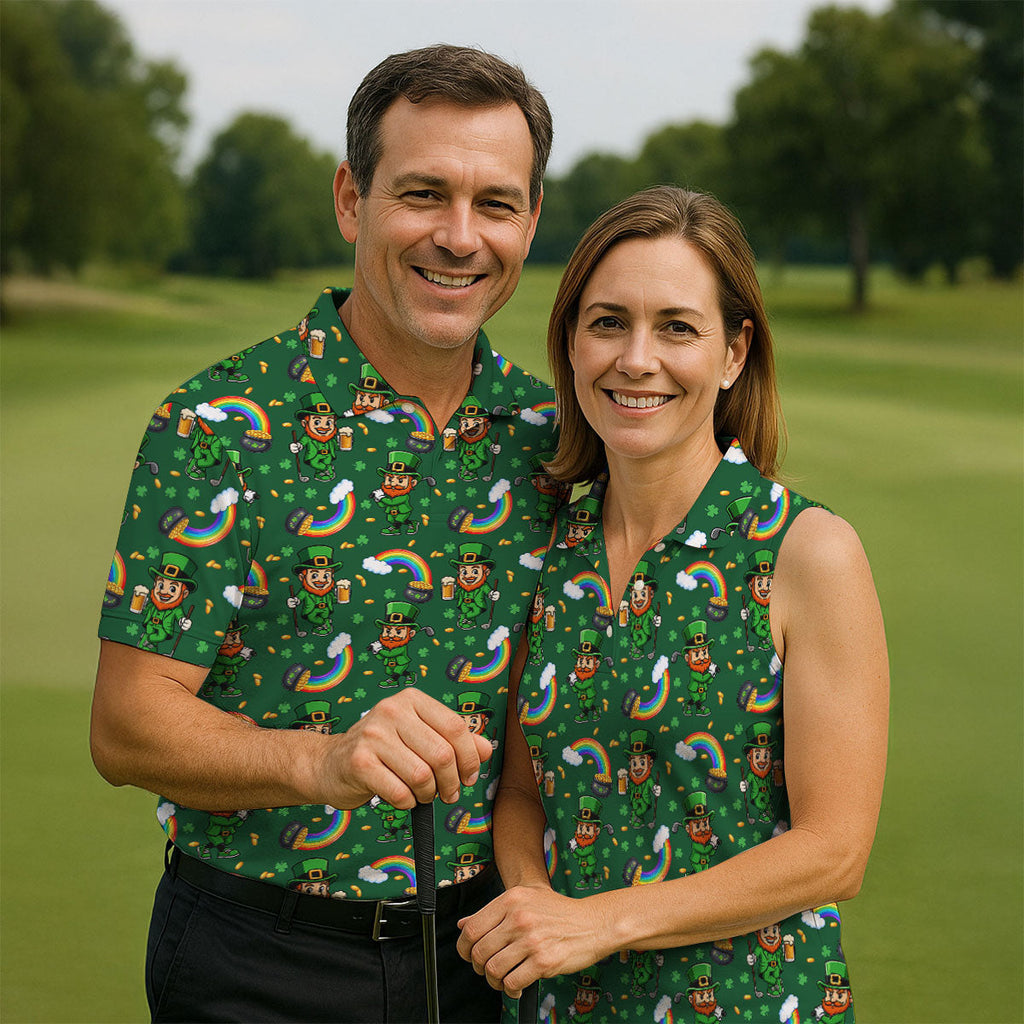 St Patrick's Day Leprechaun Golf Pose Rainbow Gold Pot Shamrock Golf Shirt, Golf Tops For Men, Golf Shirts For Men