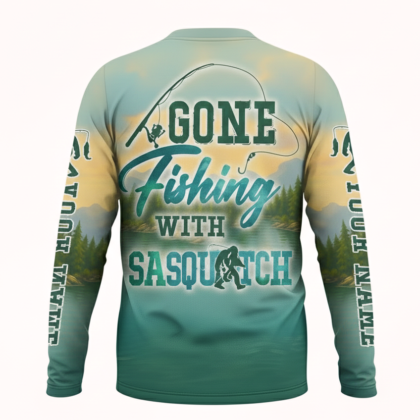 Personalized Gone Fishing With Sasquatch Long Sleeve Shirt – Bigfoot Fishing Graphic, Funny Angler Gift