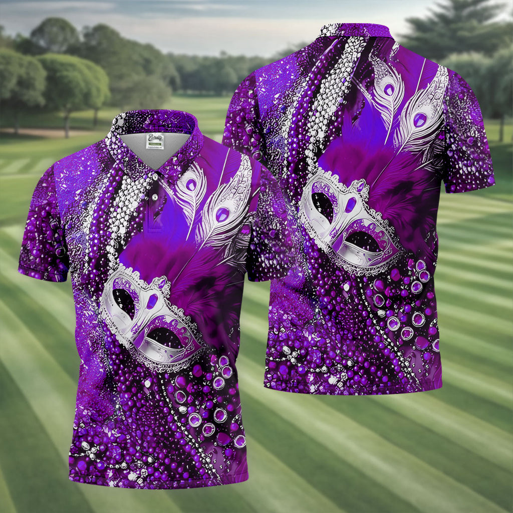 Mardi Gras Masquerade Mask Feather Beads Purple Golf Shirt, Polo Shirts For Men, Golf Shirts For Men