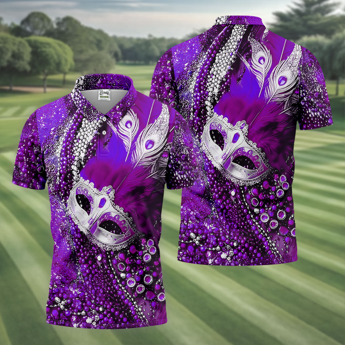 Mardi Gras Masquerade Mask Feather Beads Purple Golf Shirt, Polo Shirts For Men, Golf Shirts For Men