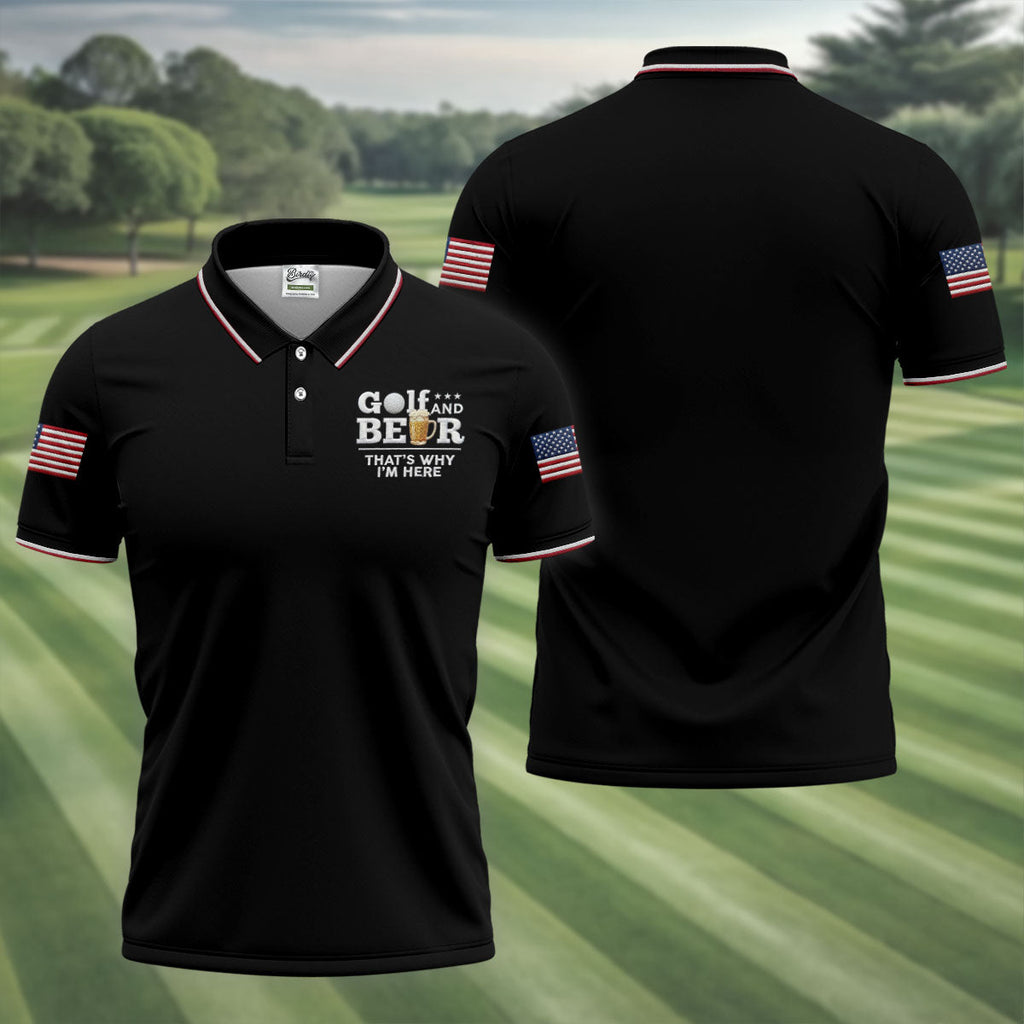 Golf And Beer That's Why I'm Here 250 Years US Flag Golf Shirt, Patriotic 4th Of July Golf Shirts For Men